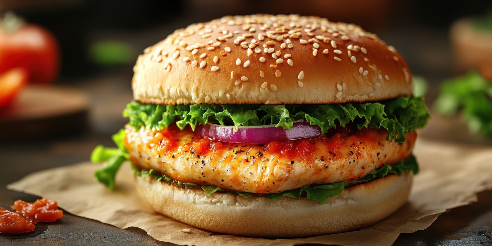 Delicious salmon burger with fresh toppings on sesame seed bun in a rustic setting during daytime